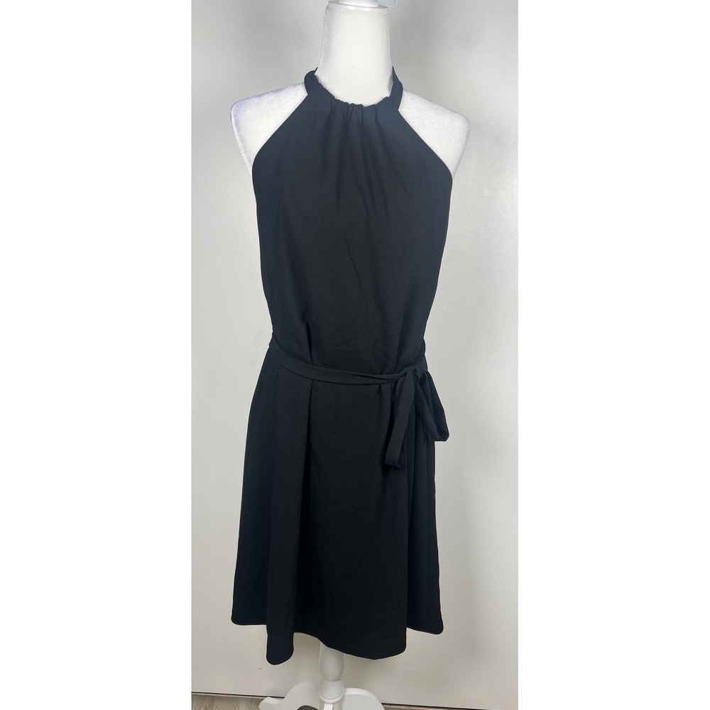THEORY Nayline Black Elevate Crepe Halter‎ Dress Attached Tie Belt Size 10 - Picture 3 of 10